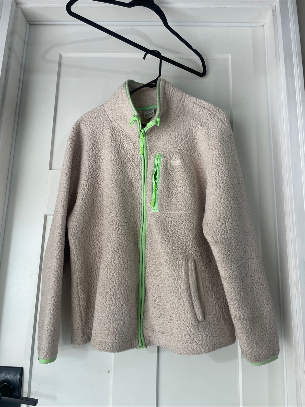 Women PINK VS  Beige Sherpa Jacket with Neon Green Trim
